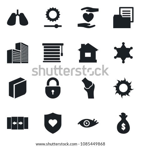 Set of vector isolated black icon - automatic door vector, lock, house, sun, heart shield, hand, lungs, eye, joint, folder document, brightness, office building, blank box, jalousie, police