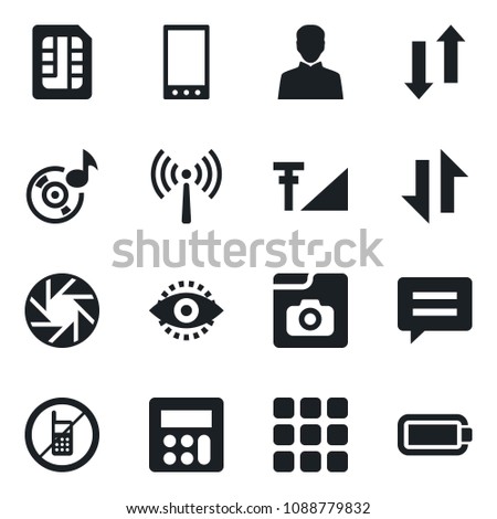 Set of vector isolated black icon - antenna vector, no mobile, menu, message, camera, user, calculator, sim, data exchange, eye id, music, photo gallery, cellular signal, battery