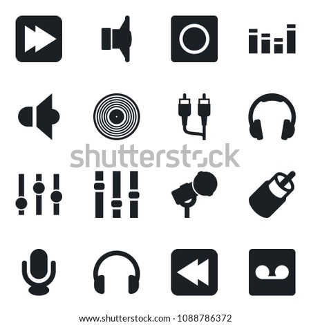 Set of vector isolated black icon - vinyl vector, microphone, speaker, settings, equalizer, headphones, fast forward, rewind, rca, record