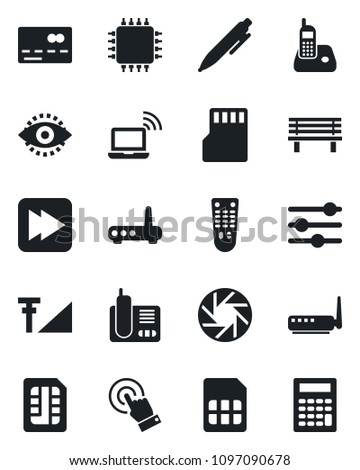 Set of vector isolated black icon - credit card vector, wireless notebook, pen, bench, remote control, touch screen, radio phone, fast forward, mobile camera, tuning, sd, sim, eye id, chip, router