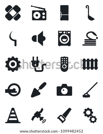 Set of vector isolated black icon - camera vector, border cone, gear, trowel, saw, hose, hoe, sickle, patch, tomography, radio, satellite, speaker, washer, fridge, ladle, power plug, remote control