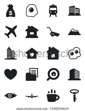 Set of vector isolated black icon - train vector, plane, office building, money bag, coffee, lawn mower, house, heart, eye, folder document, mountains, estate search, sweet home, omelette, tie