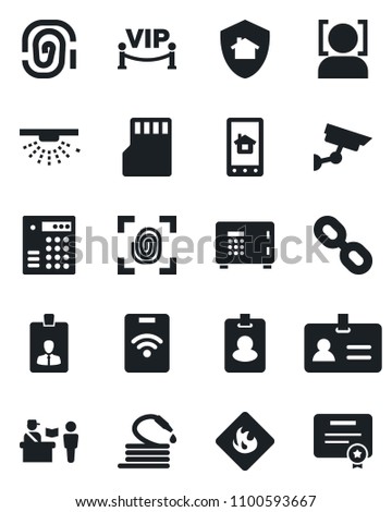 Set of vector isolated black icon - passport control vector, identity, safe, card, hose, flammable, chain, sd, face id, vip zone, fingerprint, home app, protect, combination lock, pass, surveillance