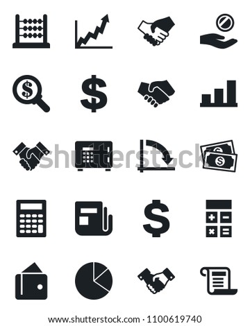 Set of vector isolated black icon - safe vector, handshake, dollar sign, calculator, crisis graph, cash, news, bar, pie, abacus, wallet, growth, money search, investment, contract