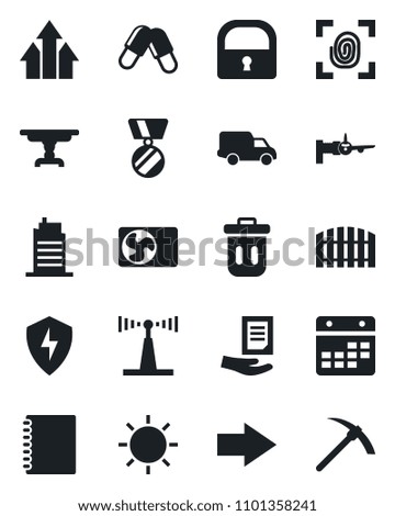 Set of vector isolated black icon - right arrow vector, boarding, medal, document, sun, pills, car delivery, antenna, protect, calendar, lock, copybook, fence, table, air conditioner, city house