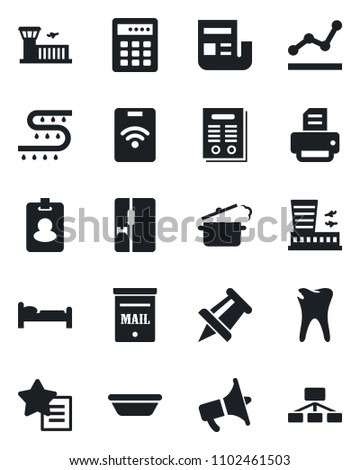 Set of vector isolated black icon - bed vector, airport building, drawing pin, printer, drip irrigation, caries, loudspeaker, favorites list, news, point graph, contract, mailbox, fridge, bowl