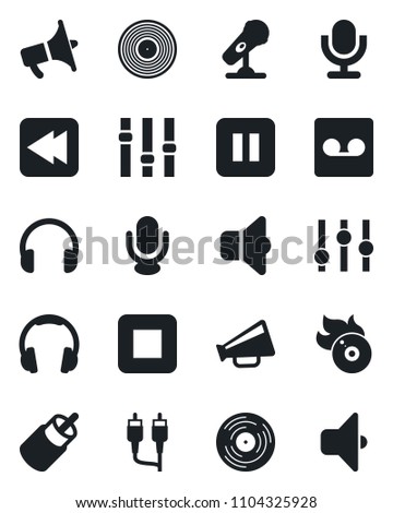 Set of vector isolated black icon - vinyl vector, flame disk, microphone, loudspeaker, settings, headphones, pause button, stop, rewind, rca, record, sound