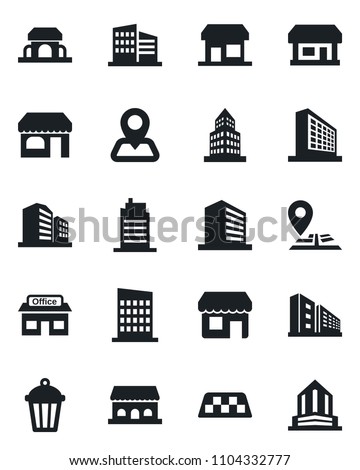 Set of vector isolated black icon - taxi vector, shop, office building, garden light, navigation, store, city house, cafe, storefront