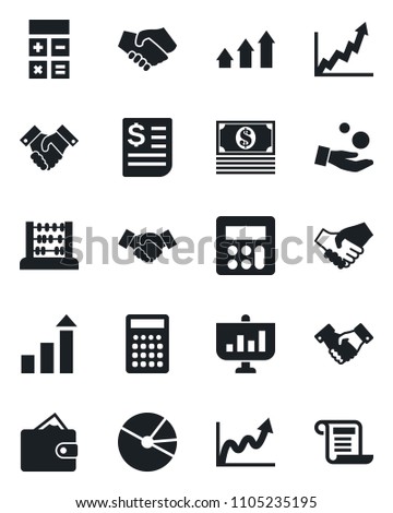 Set of vector isolated black icon - handshake vector, growth statistic, calculator, abacus, receipt, pie graph, arrow up, wallet, investment, cash, presentation, contract