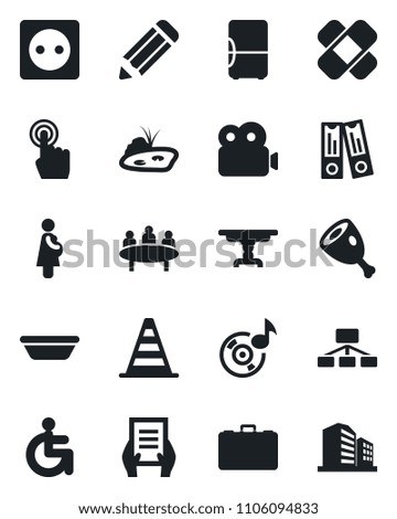 Set of vector isolated black icon - border cone vector, case, office binder, document, meeting, pencil, patch, disabled, pregnancy, touch screen, music, video, pond, table, ham, bowl, socket, fridge