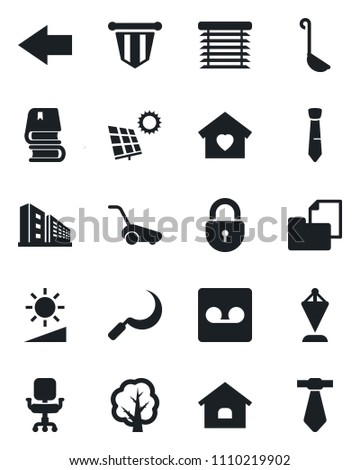 Set of vector isolated black icon - left arrow vector, lock, pennant, tree, lawn mower, sickle, folder document, record, brightness, office chair, tie, book, house, sun panel, building, sweet home