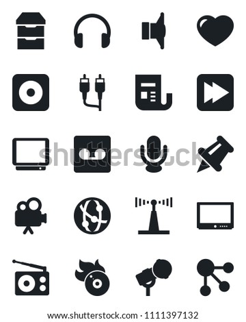 Set of vector isolated black icon - flame disk vector, microphone, radio, antenna, news, speaker, tv, video camera, network, headphones, heart, paper pin, fast forward, rec button, rca, record