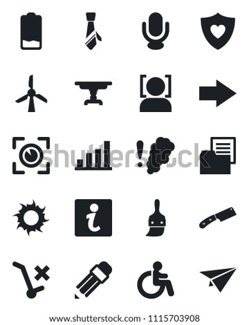 Set of vector isolated black icon - disabled vector, right arrow, sun, heart shield, folder document, no trolley, microphone, low battery, themes, face id, bar graph, tie, pencil, table, knife