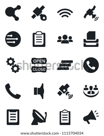 Set of vector isolated black icon - satellite antenna vector, phone, clipboard, speaker, share, call, network, wireless, company, paper tray, open close, gear, group, advertising