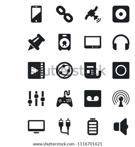 Set of vector isolated black icon - antenna vector, satellite, news, gamepad, settings, tv, network, cell phone, headphones, monitor, chain, speaker, paper pin, battery, rec button, rca, record