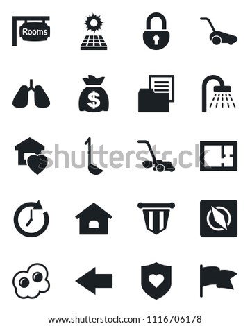 Set of vector isolated black icon - shower vector, left arrow, pennant, money bag, lawn mower, heart shield, lungs, folder document, compass, lock, house, sun panel, plan, rooms, sweet home, ladle