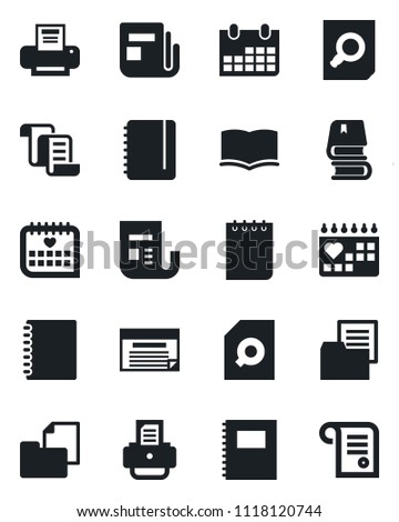 Set of vector isolated black icon - contract vector, book, document search, notepad, calendar, printer, medical, folder, news, copybook, schedule