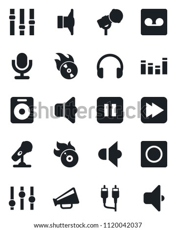 Set of vector isolated black icon - flame disk vector, microphone, speaker, loudspeaker, settings, equalizer, headphones, pause button, fast forward, rca, record, sound