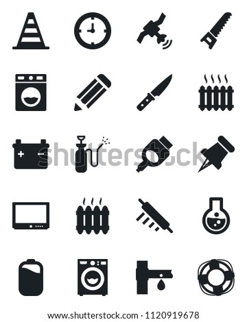 Set of vector isolated black icon - border cone vector, pencil, saw, garden sprayer, drip irrigation, clock, satellite, tv, paper pin, hdmi, battery, washer, heater, rolling, knife, flask