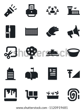Set of vector isolated black icon - airport building vector, printer, glove, seedling, cargo container, loudspeaker, scanner, torch, cut, cellular signal, hr, fruit tree, fridge, city house, mailbox