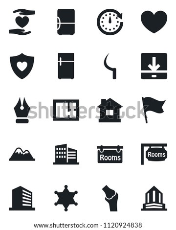 Set of vector isolated black icon - office building vector, house, sickle, heart, shield, hand, joint, download, ink pen, mountains, plan, rooms, police, fridge, clock, flag