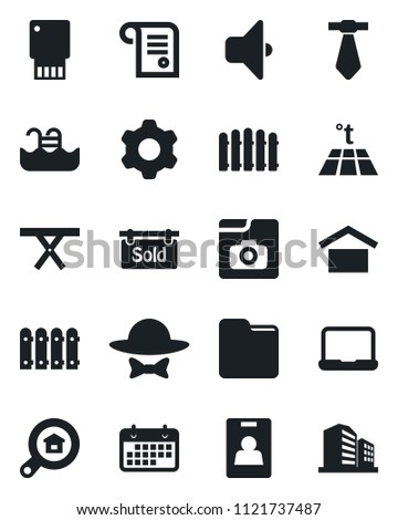 Set of vector isolated black icon - fence vector, picnic table, term, warehouse storage, settings, folder, photo gallery, identity card, notebook pc, pool, sold signboard, estate search, dress code