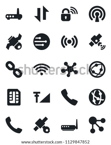 Set of vector isolated black icon - satellite vector, network, share, chain, call, sim, data exchange, cellular signal, wireless, lock, router, social media