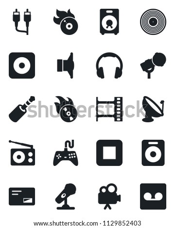 Set of vector isolated black icon - satellite antenna vector, film frame, vinyl, flame disk, microphone, radio, speaker, gamepad, video camera, headphones, mail, stop button, rec, rca, record