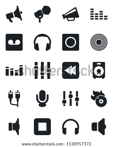 Set of vector isolated black icon - vinyl vector, flame disk, microphone, speaker, loudspeaker, settings, equalizer, headphones, stop button, rewind, rca, record, sound