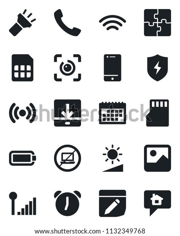 Set of vector isolated black icon - no laptop vector, cell phone, call, gallery, protect, alarm, sd, sim, notes, download, wireless, torch, brightness, eye id, cellular signal, battery, application