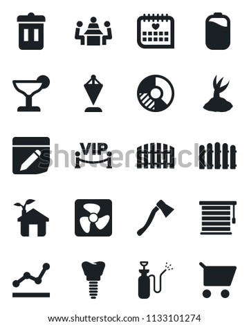 Set of vector isolated black icon - pennant vector, circle chart, fence, sproute, axe, garden sprayer, implant, medical calendar, notes, battery, point graph, meeting, cocktail, vip zone, eco house