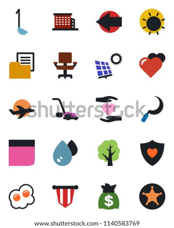 Color and black flat icon set - left arrow vector, pennant, money bag, tree, lawn mower, sun, sickle, heart, shield, hand, plane, folder document, office chair, blank box, panel, building, ladle