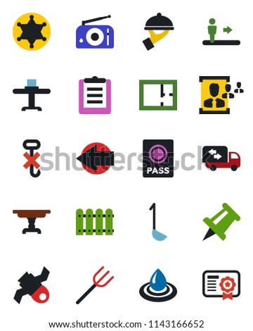 Color and black flat icon set - escalator vector, passport, left arrow, drawing pin, farm fork, satellite, clipboard, no hook, radio, hr, fence, plan, table, moving, restaurant, waiter, ladle, water