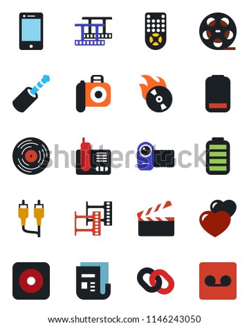 Color and black flat icon set - clapboard vector, film frame, reel, vinyl, flame disk, camera, news, video, remote control, cell phone, radio, chain, heart, battery, low, rec button, rca, record