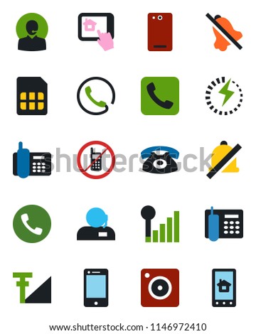 Color and black flat icon set - phone vector, no mobile, office, cell, back, call, camera, sim, mute, cellular signal, charge, support, home control app