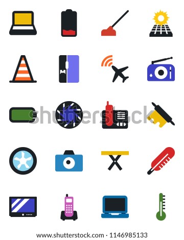 Color and black flat icon set - plane radar vector, camera, border cone, hoe, picnic table, thermometer, office phone, radio, tv, laptop pc, low battery, mobile, notebook, sun panel, fridge, fan
