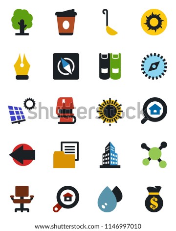 Color and black flat icon set - left arrow vector, sun, book, coffee, tree, molecule, folder document, compass, office building, ink pen, chair, panel, estate search, ladle, water, money bag