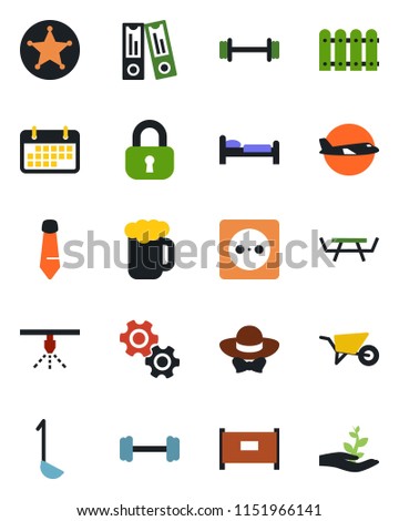 Color and black flat icon set - fence vector, bed, plane, office binder, tie, wheelbarrow, picnic table, barbell, term, lock, beer, dress code, ladle, socket, gear, police, sprinkler, palm sproute