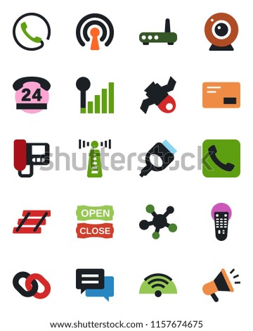 Color and black flat icon set - antenna vector, satellite, 24 hours, remote control, share, chain, mail, hdmi, call, message, cellular signal, paper tray, wireless, phone, open close, router