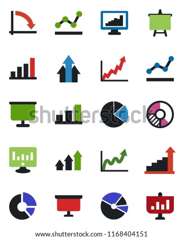 Color and black flat icon set - growth statistic vector, presentation board, crisis graph, monitor, circle chart, statistics, bar, pie, point, arrow up