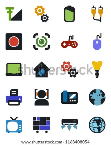 Color and black flat icon set - mouse vector, printer, implant, earth, consolidated cargo, tv, gamepad, rca, record, face id, eye, cellular signal, battery, notebook pc, smart home, air conditioner