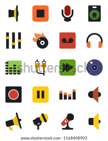 Color and black flat icon set - vinyl vector, flame disk, microphone, speaker, loudspeaker, settings, equalizer, headphones, pause button, stop, fast forward, rca, record, sound