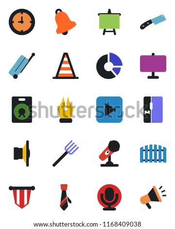 Color and black flat icon set - suitcase vector, border cone, pennant, presentation board, circle chart, farm fork, clock, microphone, speaker, play button, bell, ink pen, tie, fence, fridge, knife