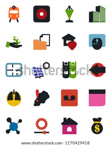 Color and black flat icon set - train vector, left arrow, book, pennant, mouse, house, molecule, lungs, folder document, rec button, record, brightness, office building, blank box, sun panel, plan