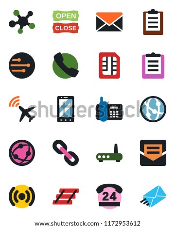 Color and black flat icon set - plane radar vector, mobile phone, mail, office, 24 hours, clipboard, network, share, chain, call, sim, paper tray, open close, wireless, router