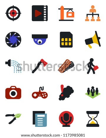 Color and black flat icon set - hierarchy vector, document, watering, pruner, axe, camera, loudspeaker, gamepad, microphone, mobile, sim, video, target, manager, company, crane, bacon, surveillance