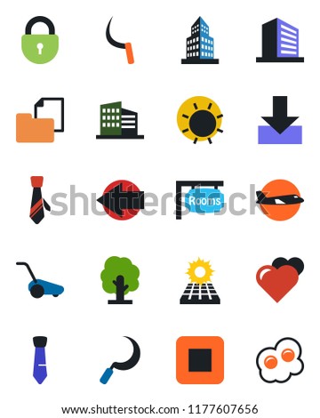 Color and black flat icon set - left arrow vector, plane, lock, office building, tree, lawn mower, sun, sickle, heart, folder document, stop button, download, tie, panel, rooms, omelette