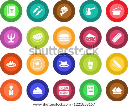 Round color solid flat icon set - waiter vector, dish, serviette, wine card, phyto bar, bacon, candle, open close, restaurant receipt, chicken, steak, kebab, hamburger, rolling pin, steaming pan