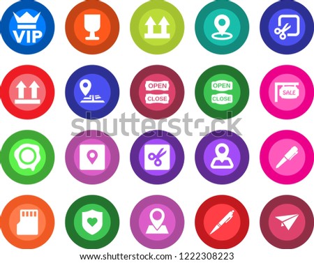 Round color solid flat icon set - vip vector, pen, stamp, heart shield, navigation, pin, fragile, up side sign, sd, cut, place tag, sale, open close, paper plane