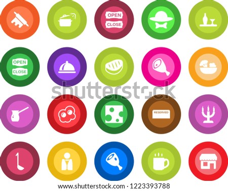 Round color solid flat icon set - coffee vector, waiter, dish, alcohol, reserved, salad, candle, dress code, open close, steak, ham, ladle, rolling pin, steaming pan, turkish, omelette, cheese